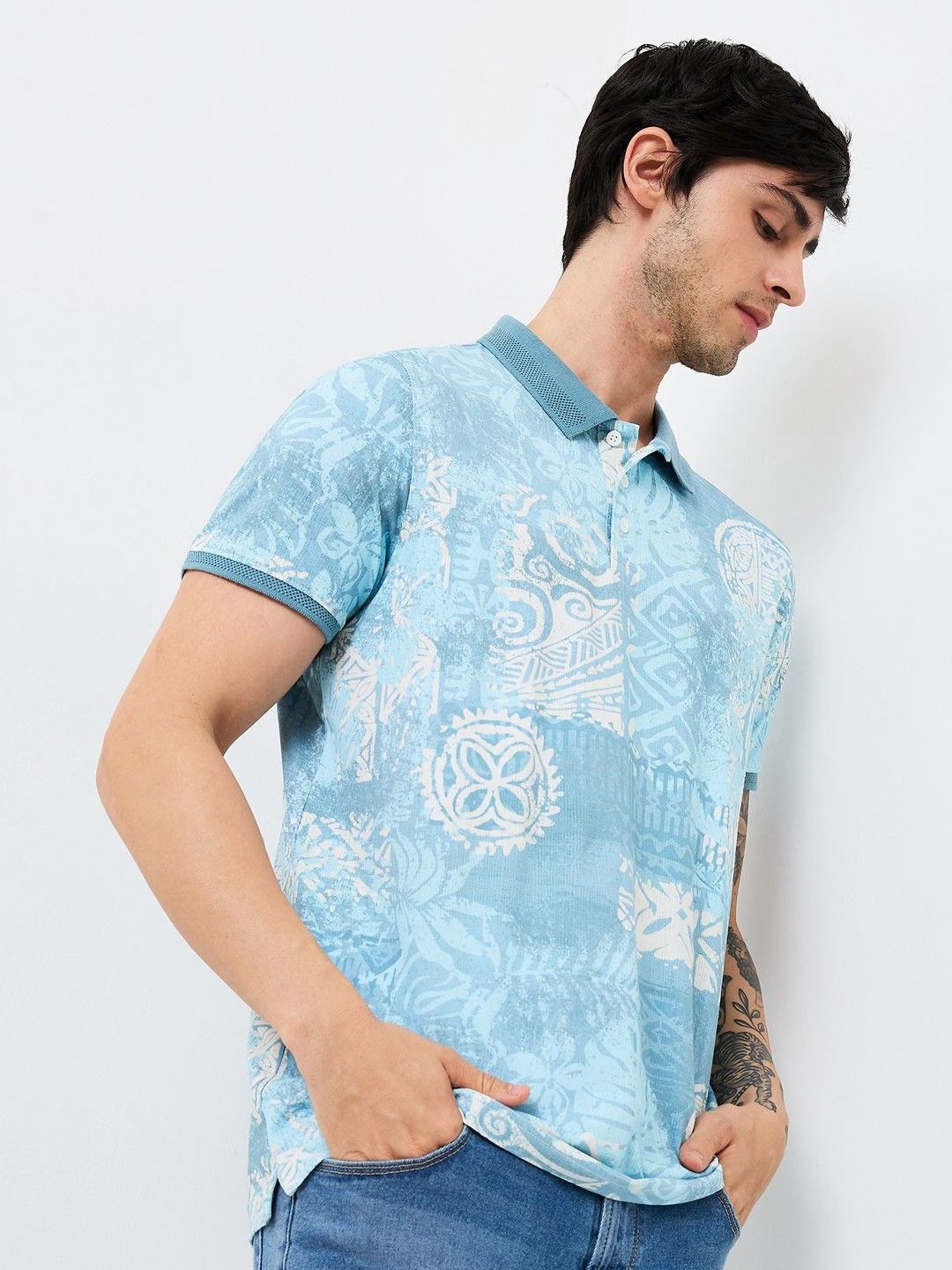 SPYKAR Men Abstract Printed Polo Collar Cotton Slim Fit T-shirt
