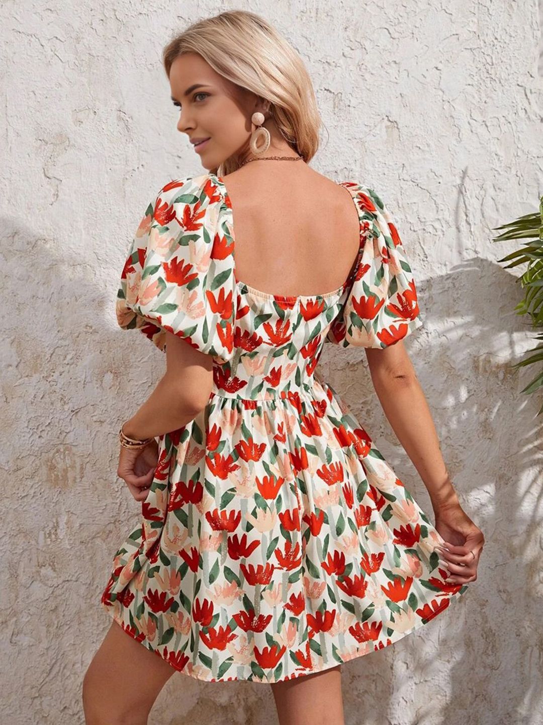 Berrylush Floral Print Puff Sleeve Square Neck Fit & Flare Mini Dress