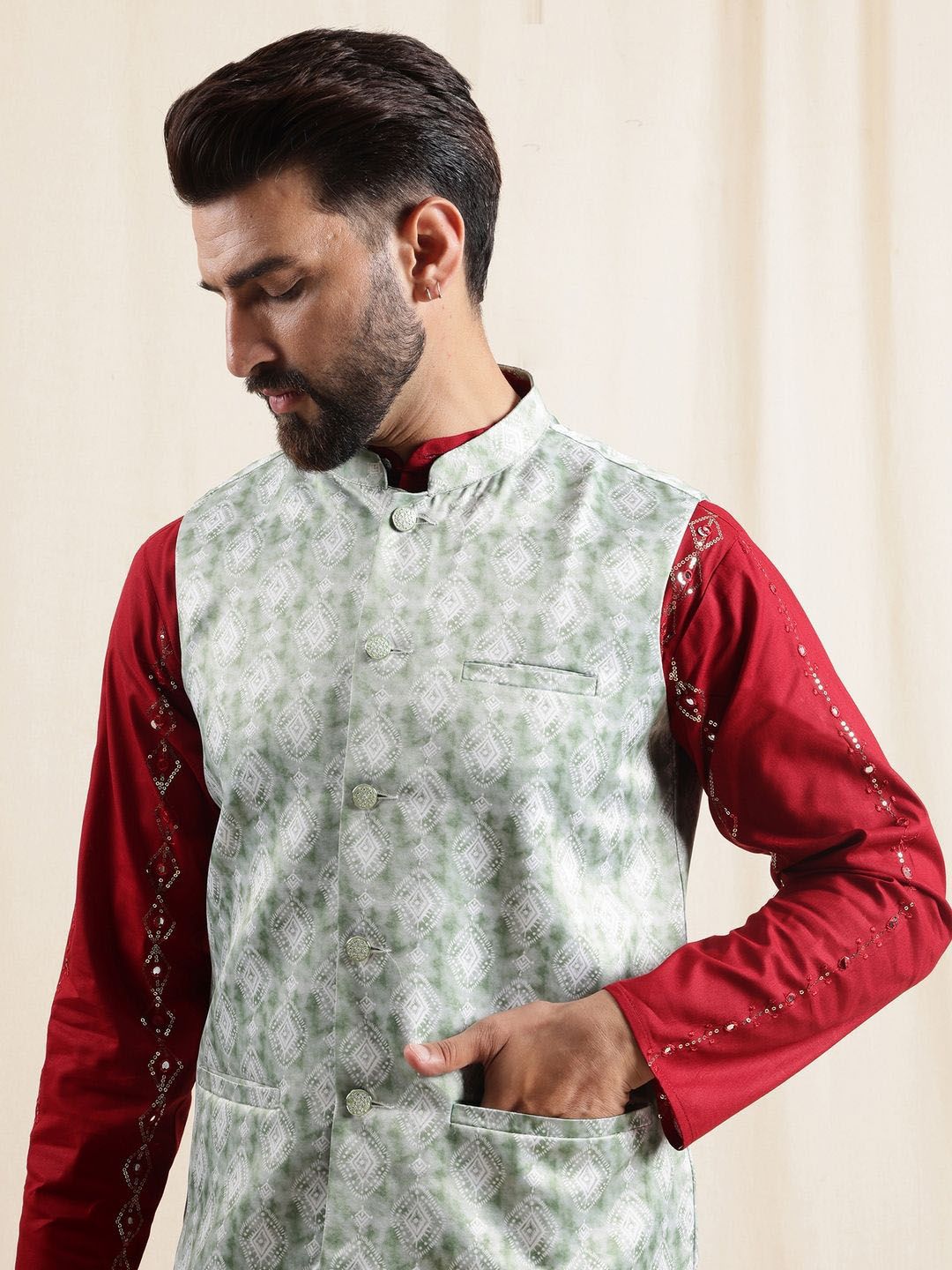Kurta Kapas Sulam Padat Lelaki Anouk dengan Piyama & Jaket Nehru