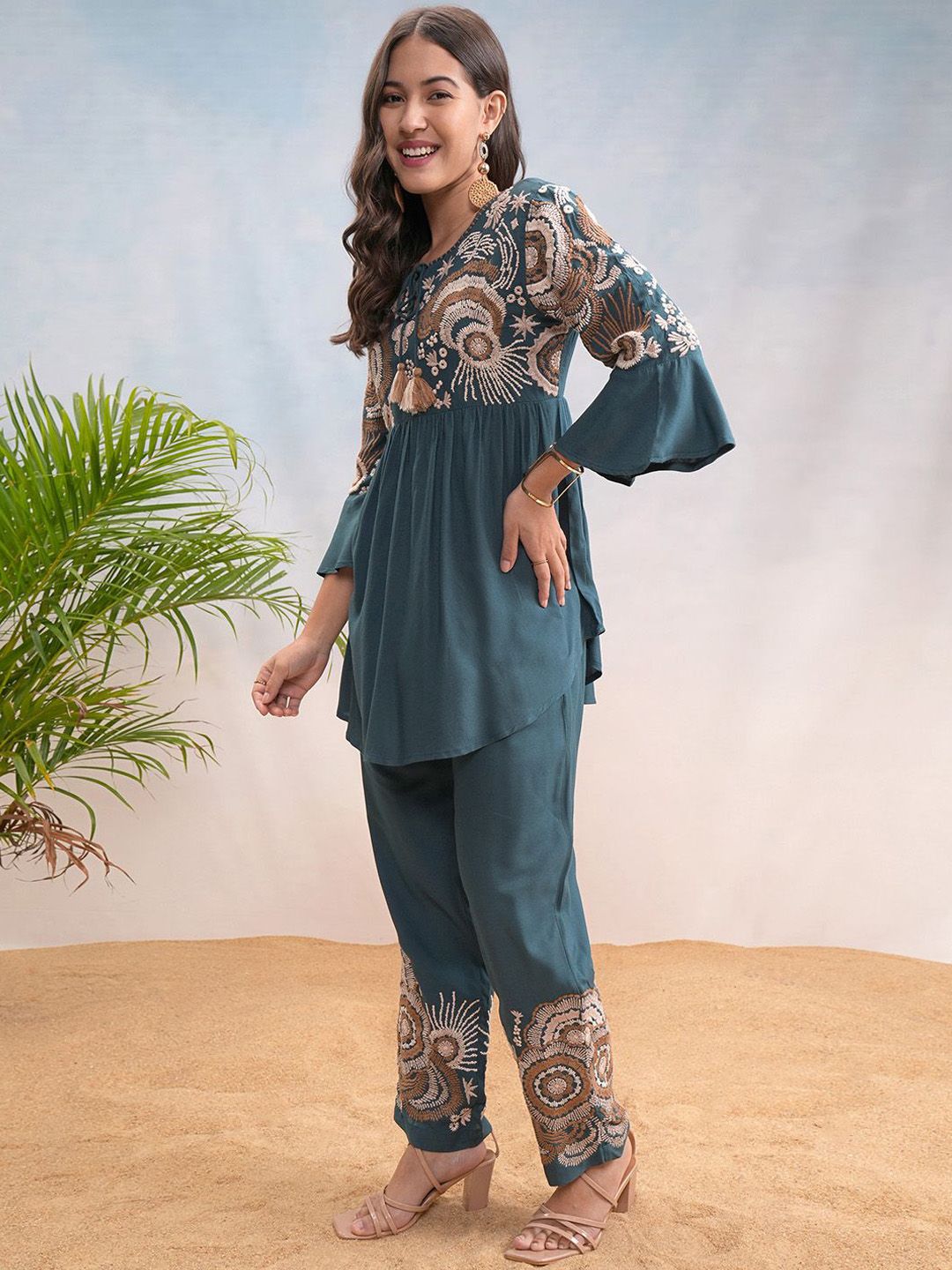 Vishudh Floral Embroidered Tie Up Neck Bell Sleeves Top With Trouser