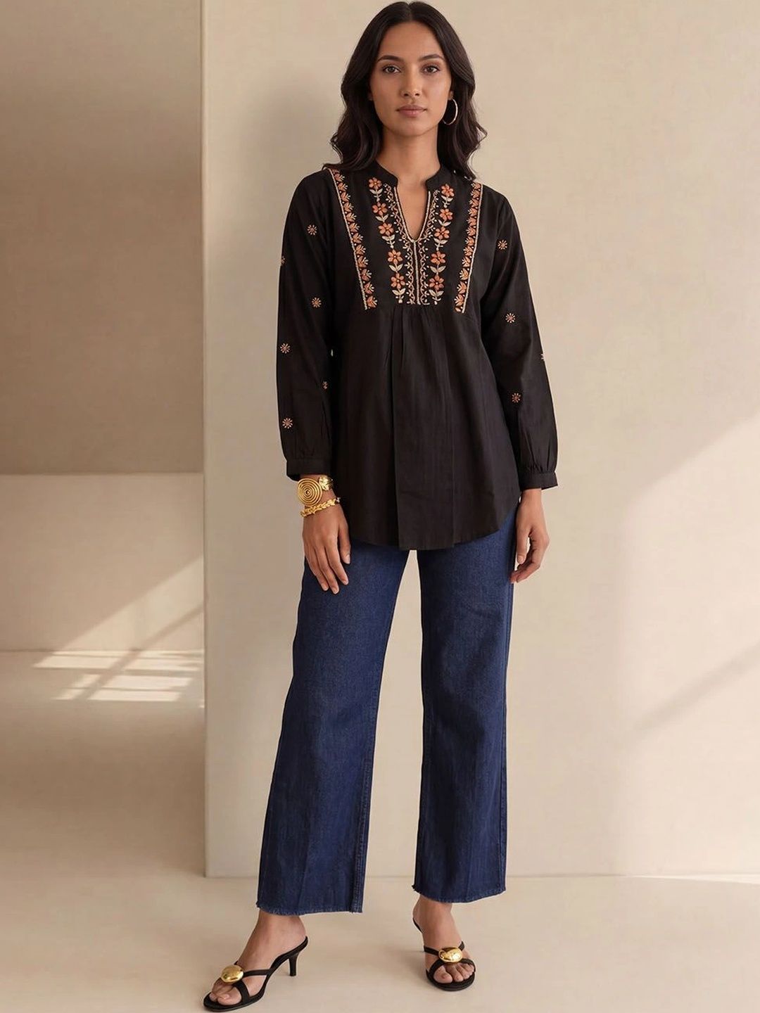 House of Chikankari Floral Bordir Ethnic Cotton Top