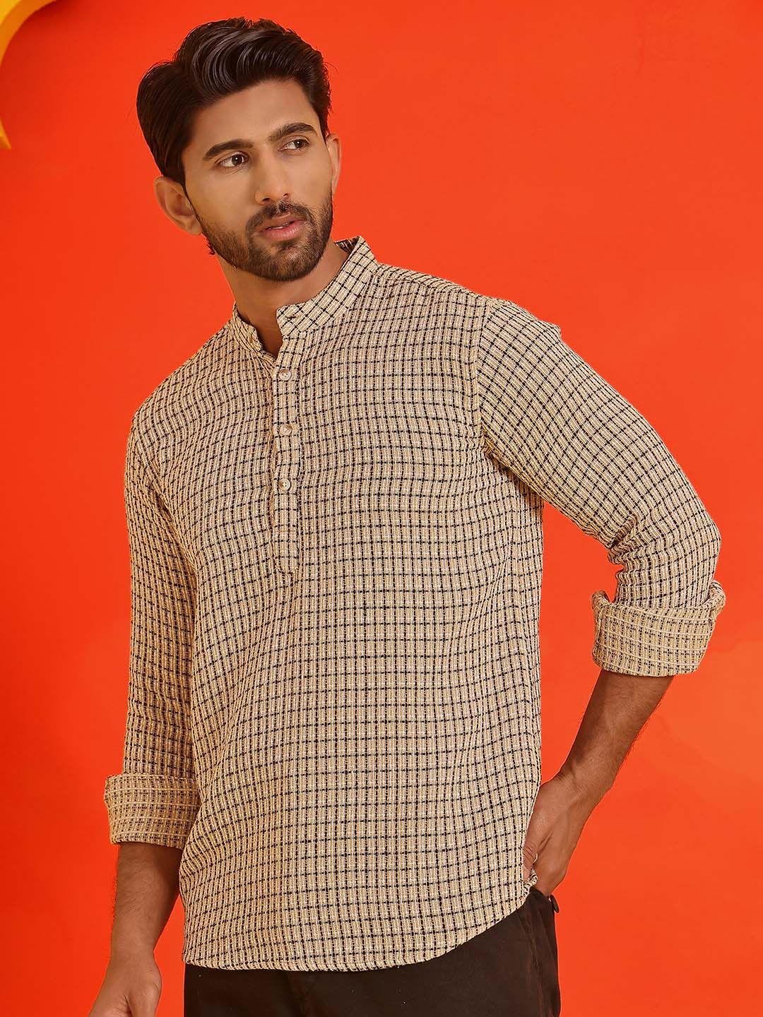 Jompers Checked Band Collar Long Roll-Up Sleeves Straight Kurta
