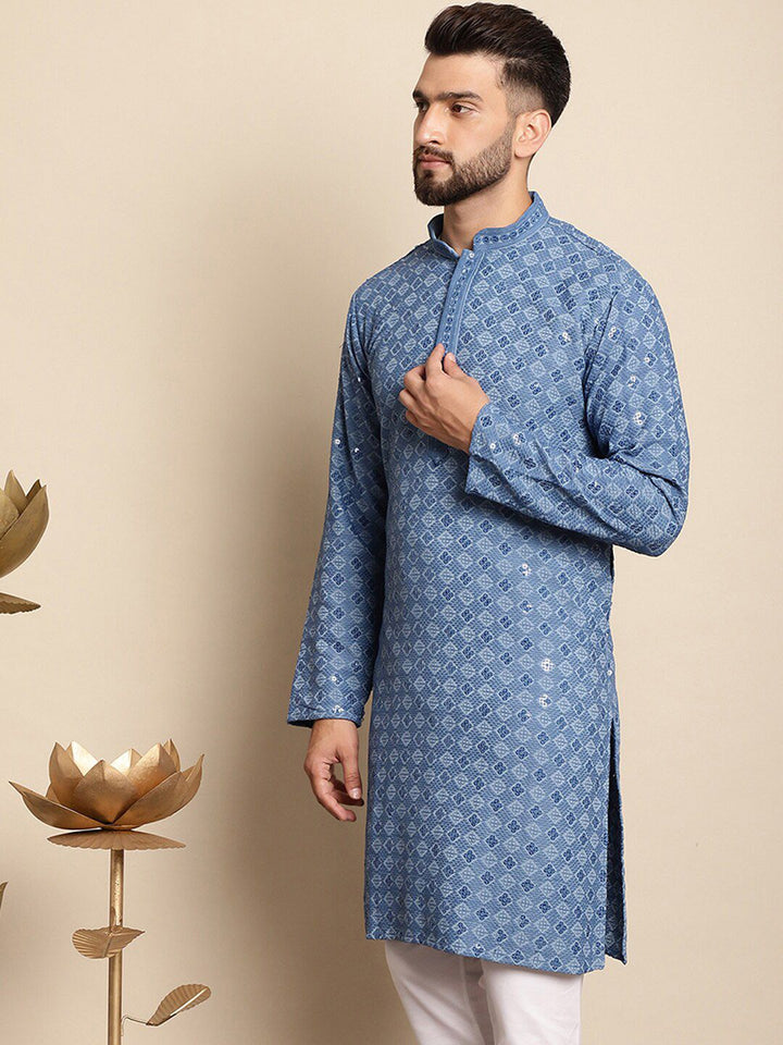 Anouk Dihiasi Labuci Kolar Mandarin Perincian Cotton Straight Kurta