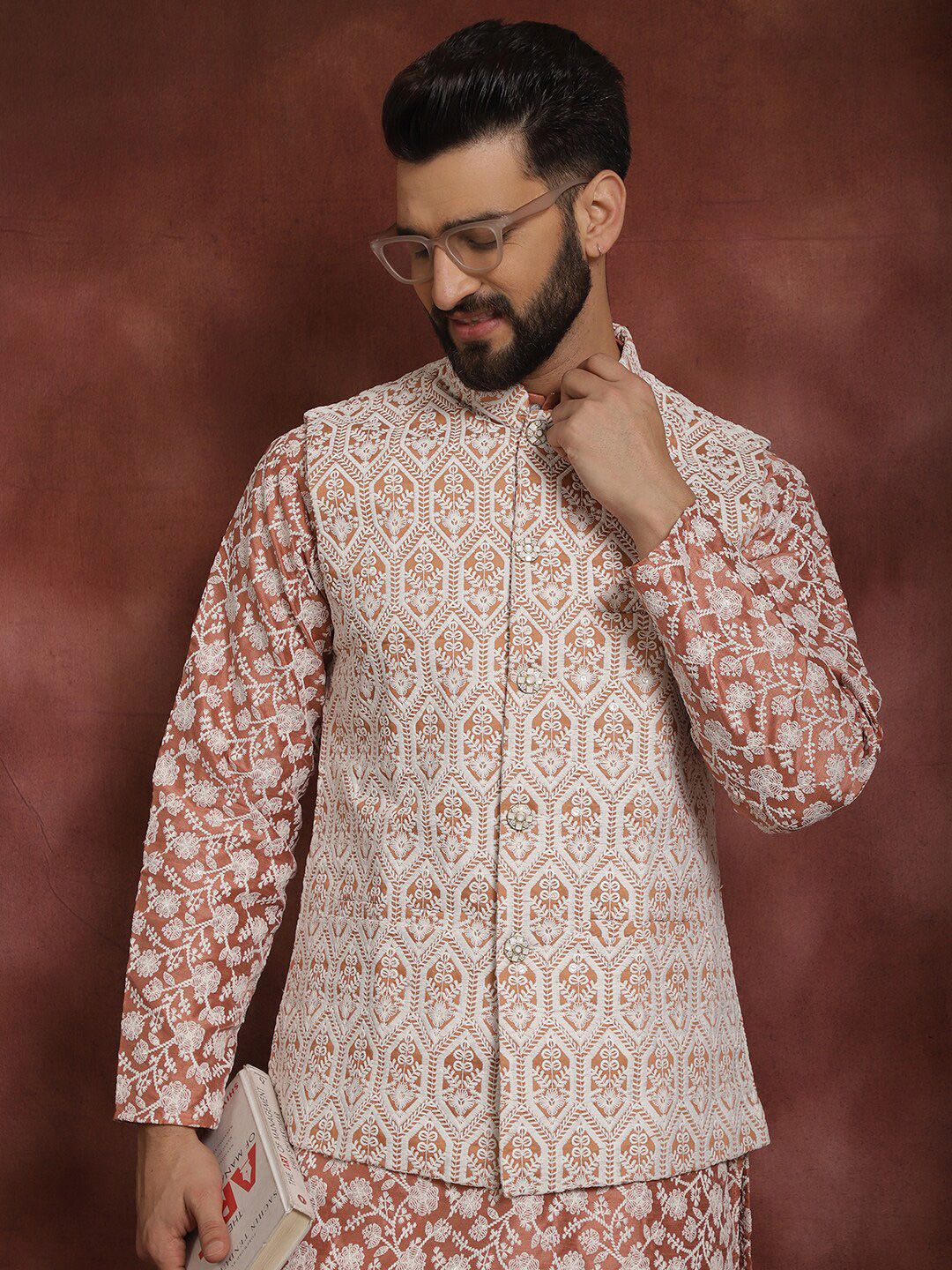 Anouk Floral Embroidered Regular Kurta with Churidar & Nehru jacket