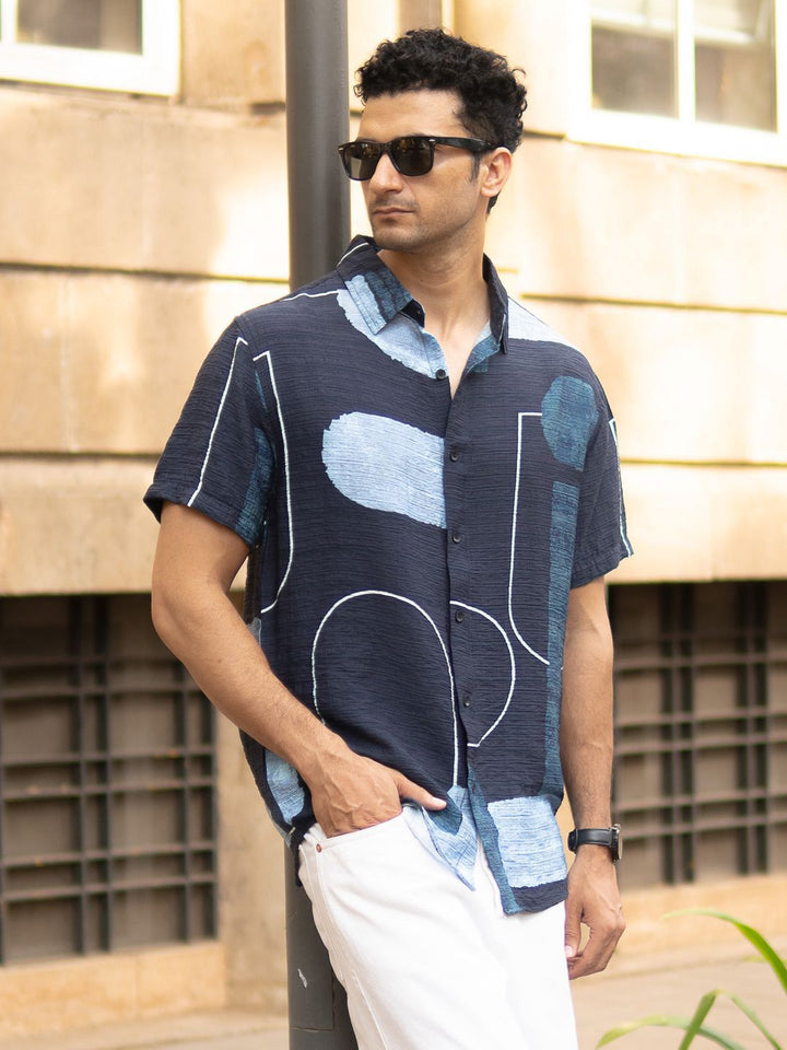 Powerlook Men Navy Abstract Structure Print Shirt