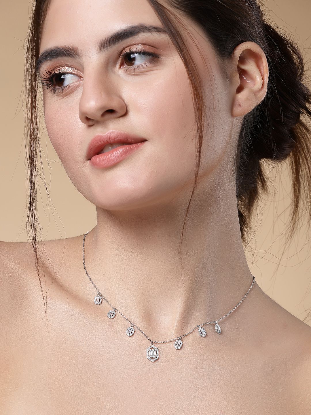 PANASH 925 Sterling Silver Rhodium-Plated CZ-Studded Solitaires Necklace