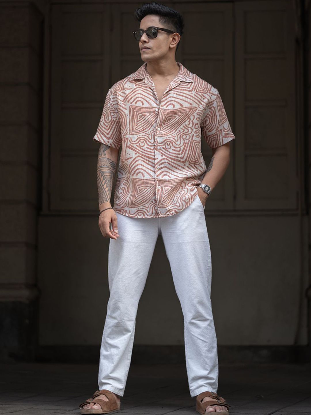 Powerlook Men Cuban Collar Abstract Printed Oversized Casual Shirt