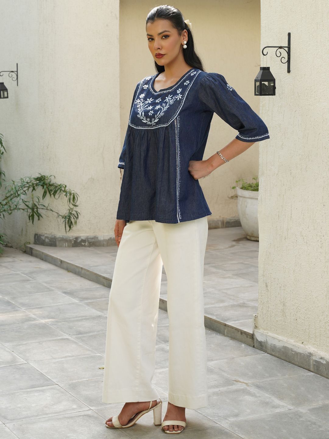 House of Chikankari Chikankari Solid Women's Ladder Lace Work- Dark Blue Tops
