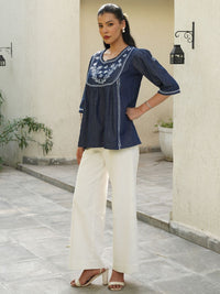 House of Chikankari Chikankari Solid Women's Ladder Lace Work- Dark Blue Tops