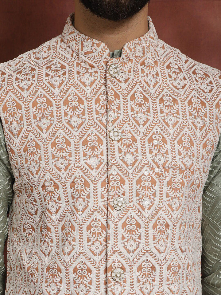 Anouk Geometric Embroidered Straight  Kurta with Churidar & Nehru Jacket