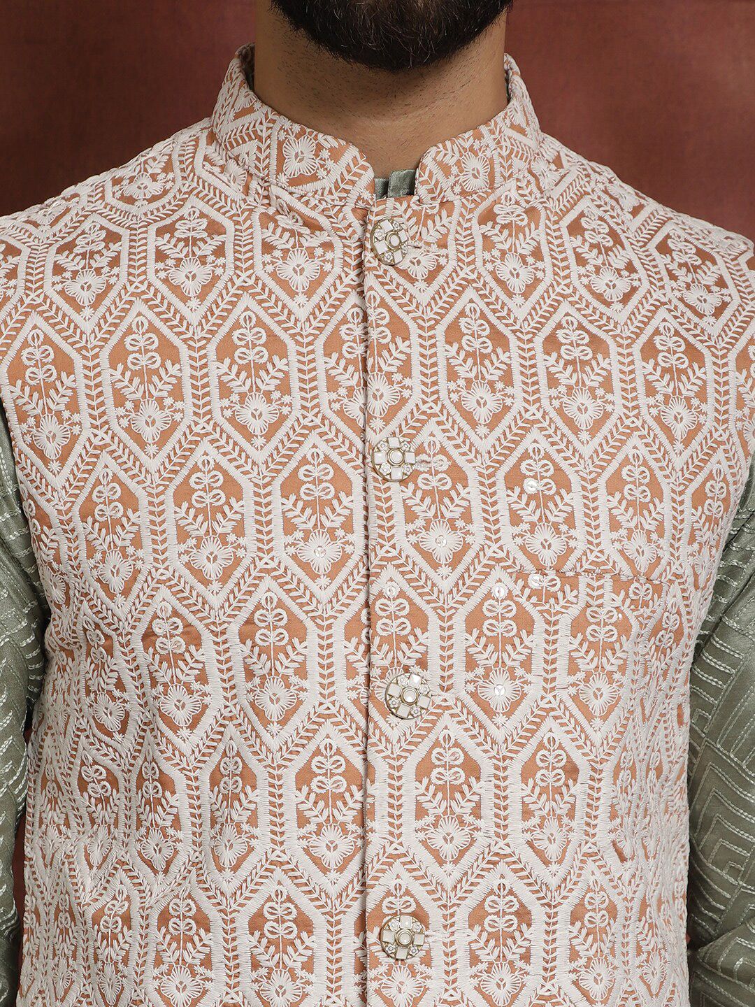 Anouk Geometric Embroidered Straight  Kurta with Churidar & Nehru Jacket
