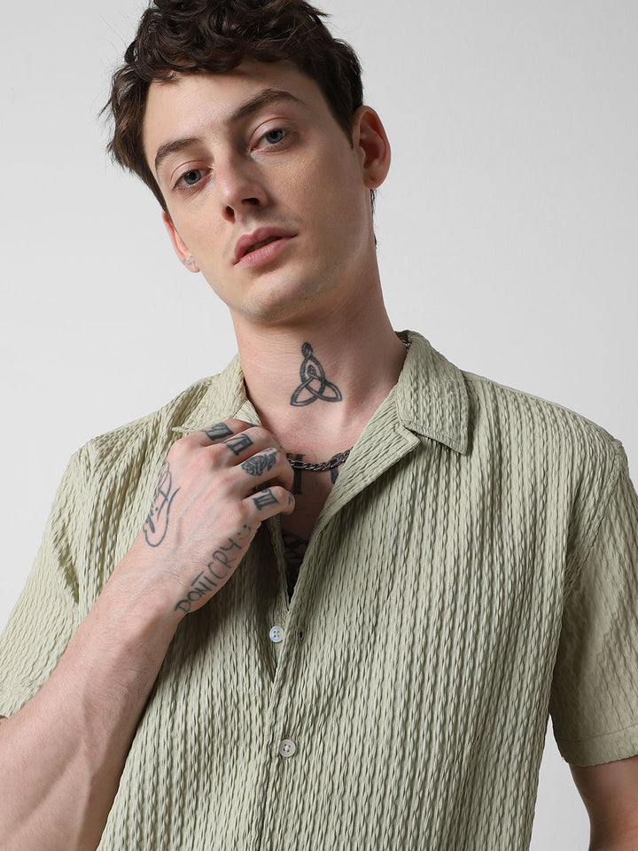 VASTRADO Men Classic Cuban Collar Popcorn Texture Oversized Casual Shirt