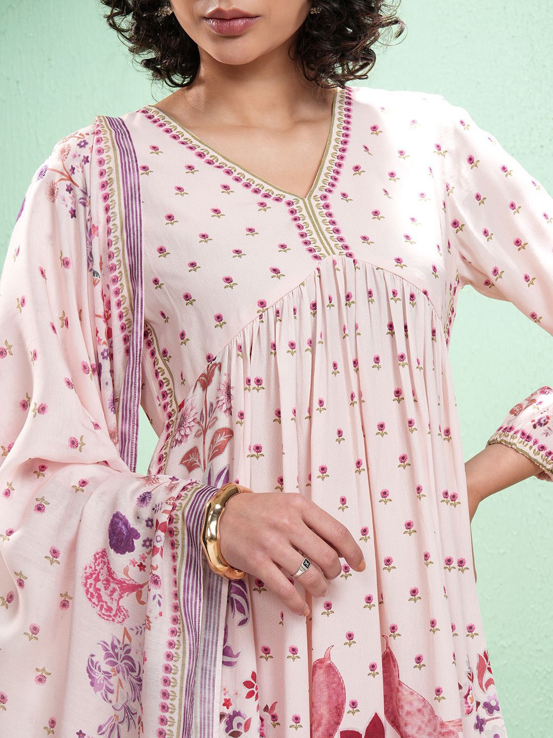 Vishudh Floral Printed V-Neck Empire A-Line Kurta With Trouser And Dupatta