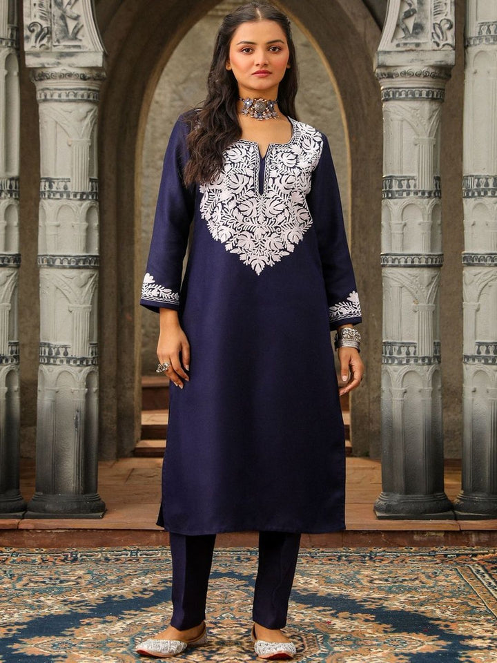 House of Chikankari Women Blue Woolen Aari Sulam Set Kurta