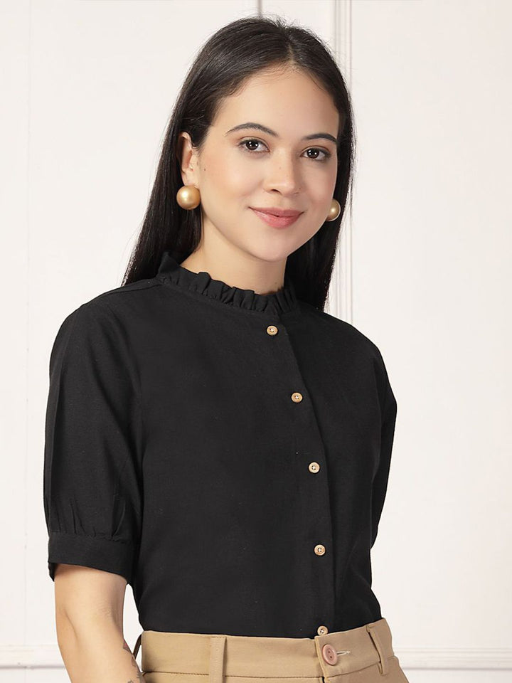 Style Quotient Smart Mandarin Collar Puff Sleeves Gathers Formal Cotton Shirt