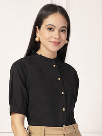 Style Quotient Smart Mandarin Collar Puff Sleeves Gathers Formal Cotton Shirt