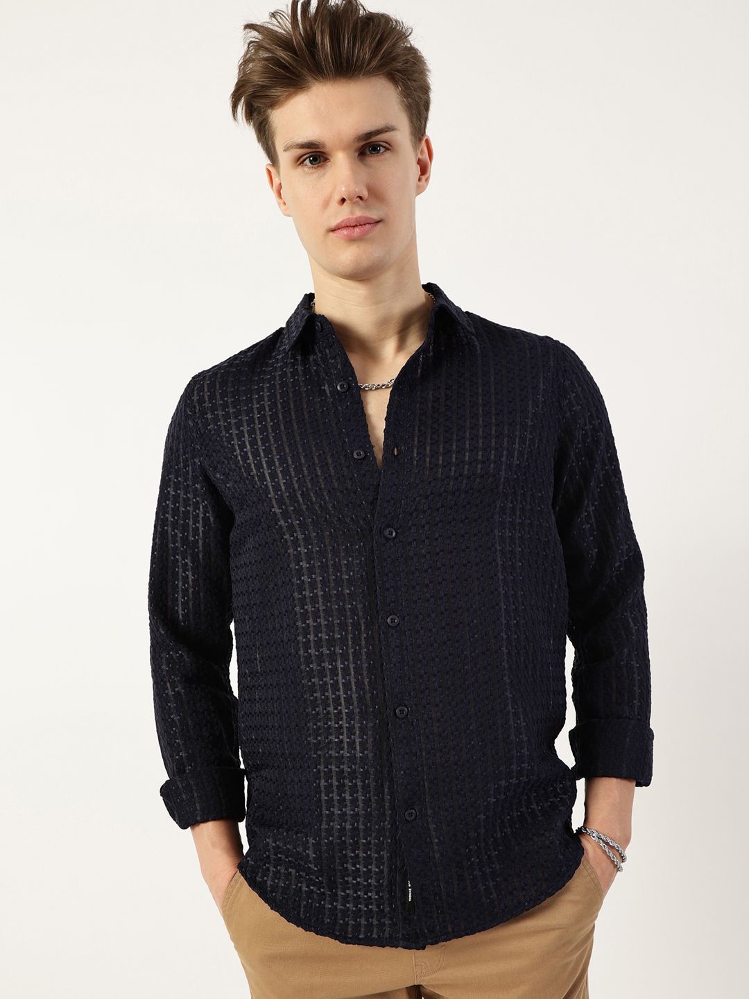 Thomas Scott Men Premium Spread Collar Textured Solid Slim Fit Casual Shirt