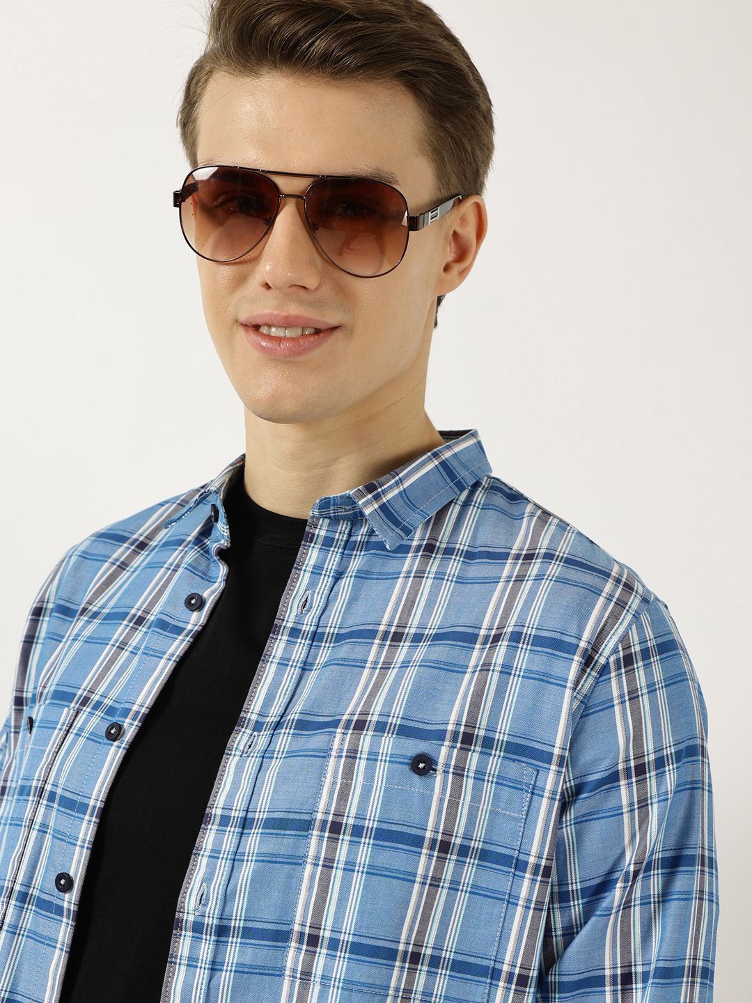 Thomas Scott Men Classic Spread Collar Tartan Checked Cotton Slim Fit Casual Shirt