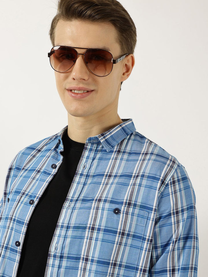 Thomas Scott Men Classic Spread Collar Tartan Checked Cotton Slim Fit Casual Shirt