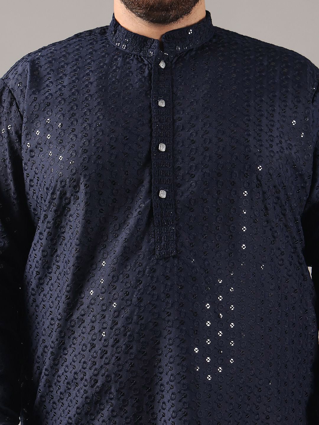 SOJANYA PLUS Plus Size Lelaki Motif Etnik Sulam Kapas Tulen Kurta Lurus & Piyama