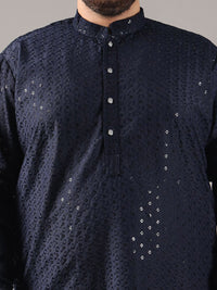 SOJANYA PLUS Plus Size Lelaki Motif Etnik Sulam Kapas Tulen Kurta Lurus & Piyama