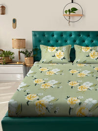 Aura Green Floral Polycotton 300 TC King Fine Bedsheet dengan 2 Sarung Bantal-98 x 89 inci