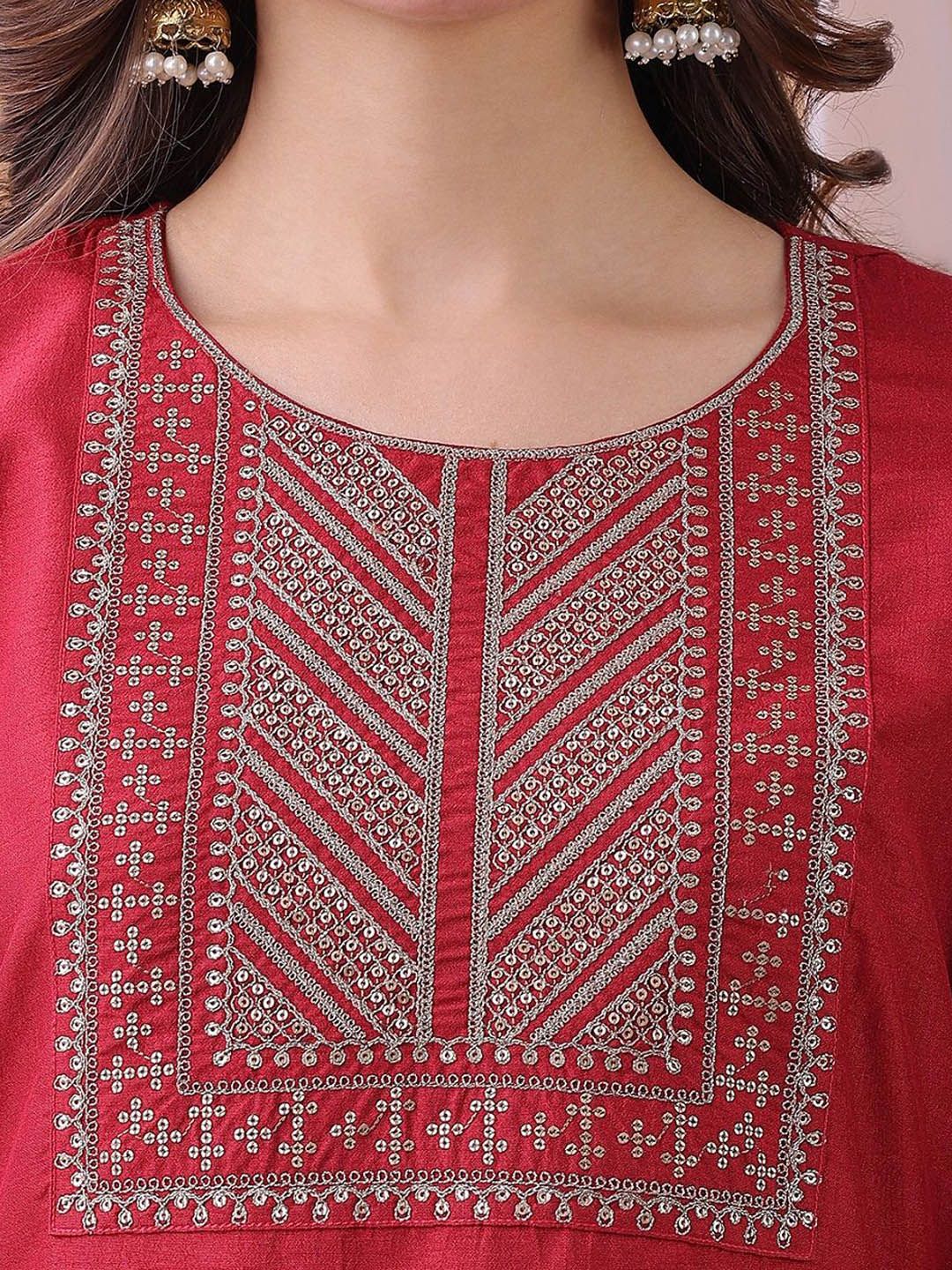 KALINI Yoke Design Sequinned Round Neck Kurta With Trousers & Dupatta