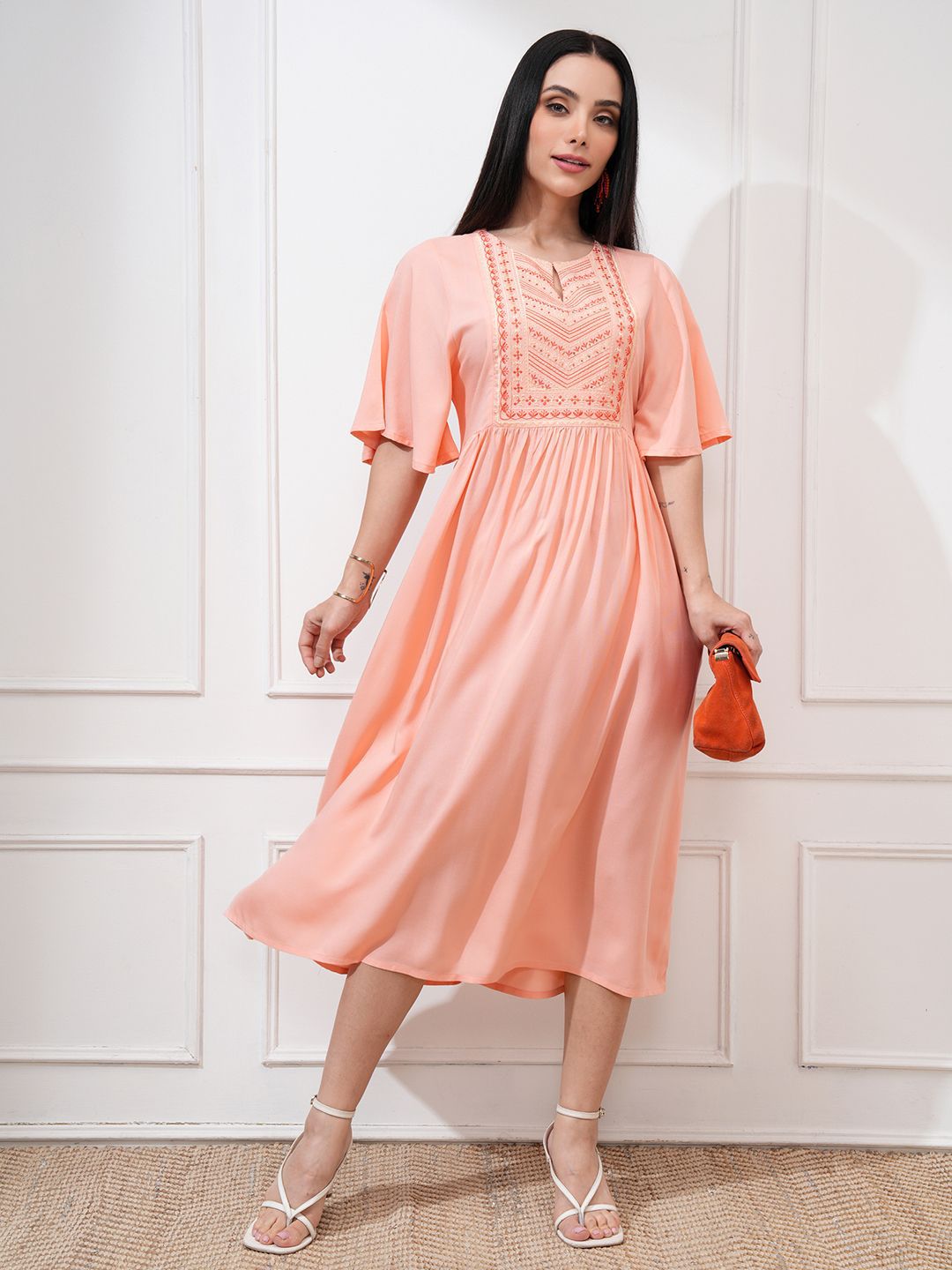 Vishudh Women Calf Length Elbow Length Flutter Sleeve Dresses