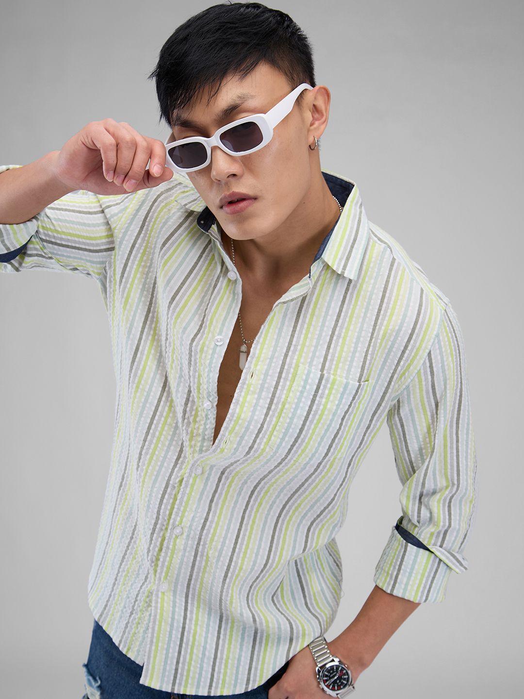 VASTRADO Men Classic Cutaway Collar Multi Striped Cotton Slim Fit Casual Shirt