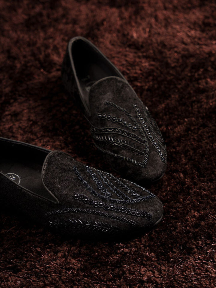 MONKSTORY Men Black Embroidered Formal Slip-Ons Embellished Shoes