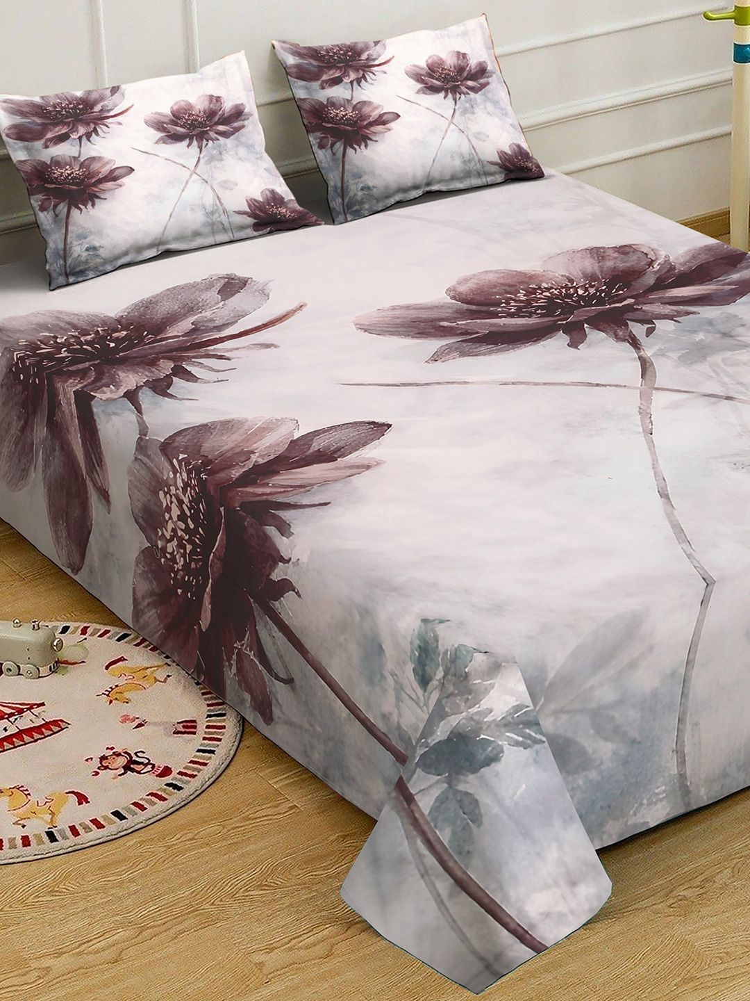 KLOTTHE Grey & Purple Floral Printed Flat 300 TC King Fine Bedsheet With 2 Pillow Cover