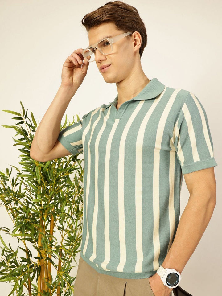 Thomas Scott Men Bio Finish Striped Polo Collar Cotton T-shirt