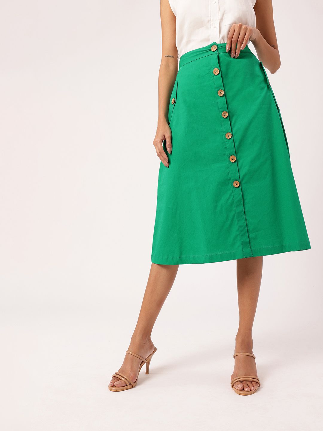 DressBerry Women Feminine Graceful Fresh Mock Button Pocket A-Line Skirt
