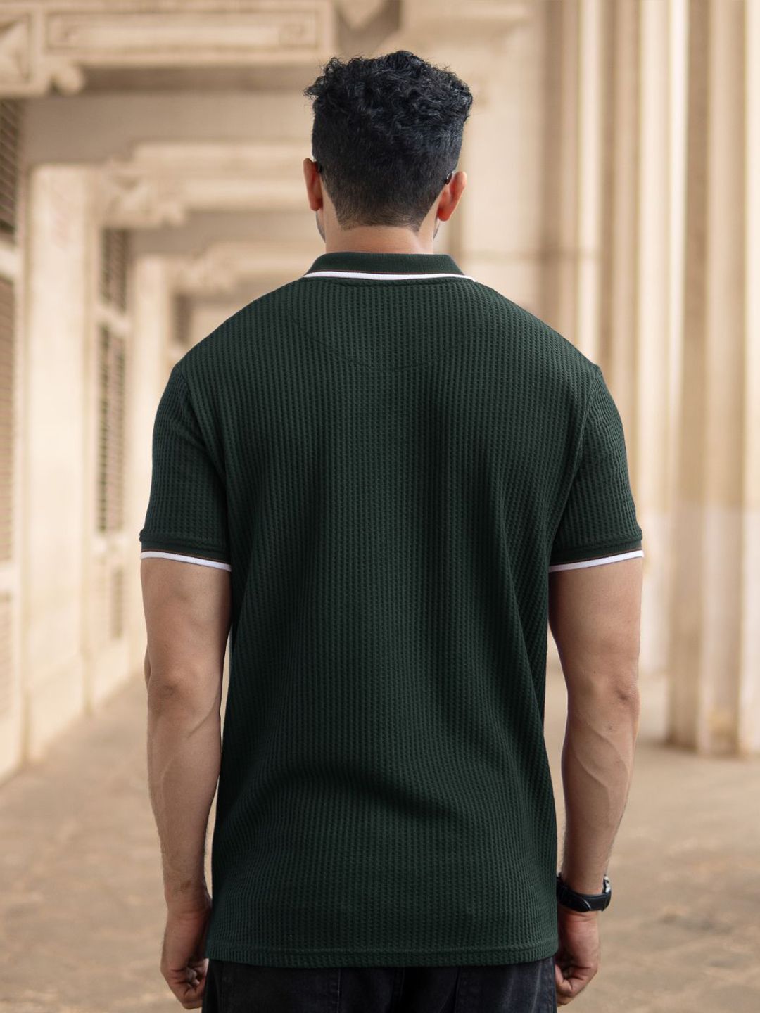 Powerlook Men Green Self Design Structured Polo Collar T-shirt