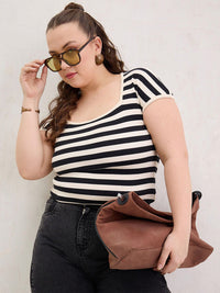 SASSAFRAS Women Plus Size Striped Cotton Top