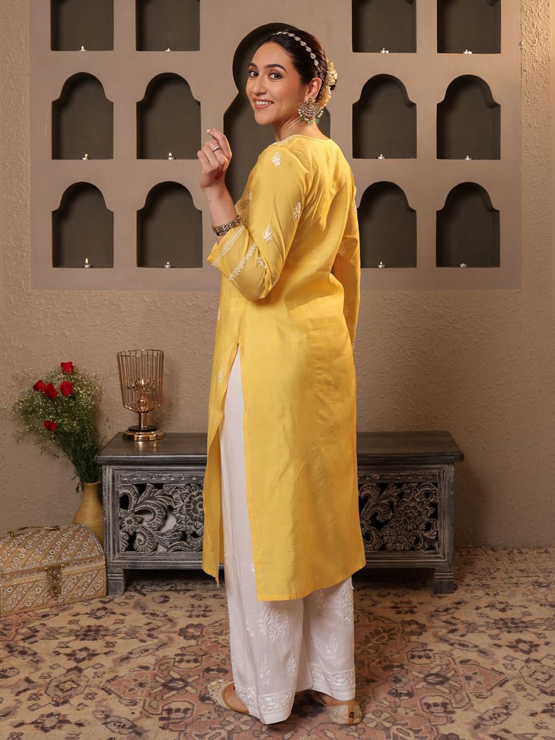 House of Chikankari Women Yellow Printed Cotton A-Line Kurta