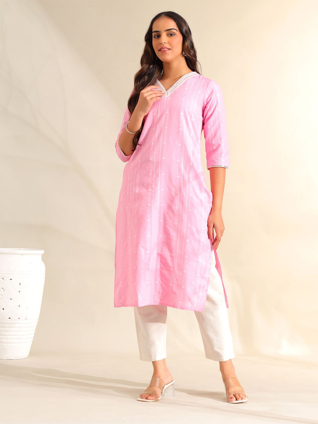Mamicha Women Regular Thread Work Pure Cotton Kurta with Trousers