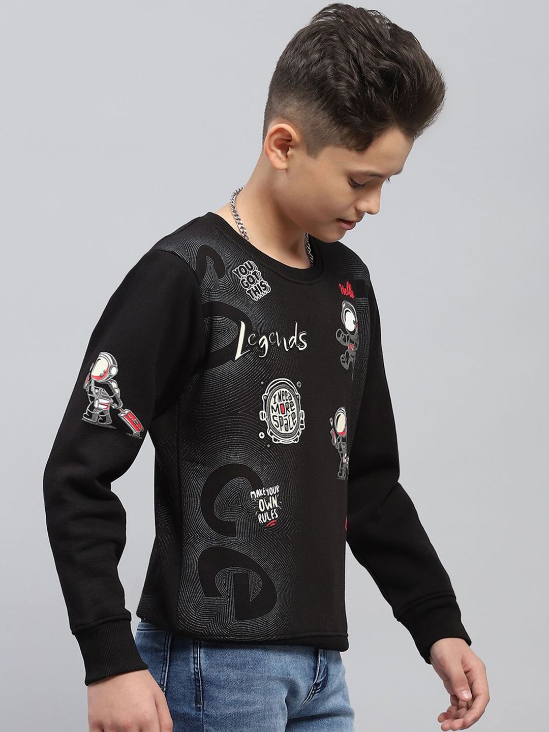 Monte Carlo Boys Black CottonRound neck Long Sleeves Printed Sweatshirt