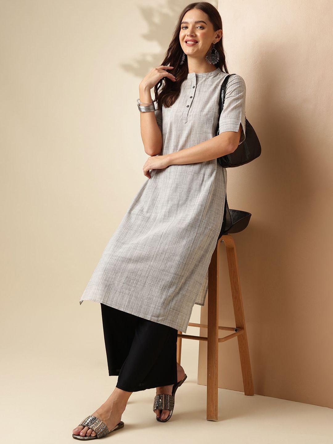 Anouk Grey Striped Woven Design Mandarin Collar Short Sleeves Pure Cotton Kurta