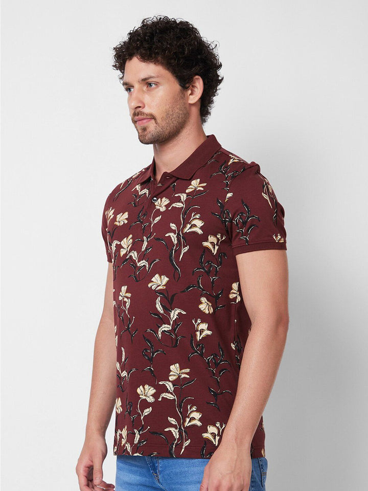 SPYKAR Polo Collar Short Sleeves Floral Printed Cotton Slim Fit T-shirt