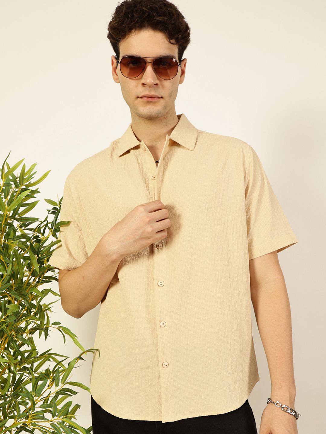 Thomas Scott Men Premium Spread Collar Textured Cotton Casual Shirt