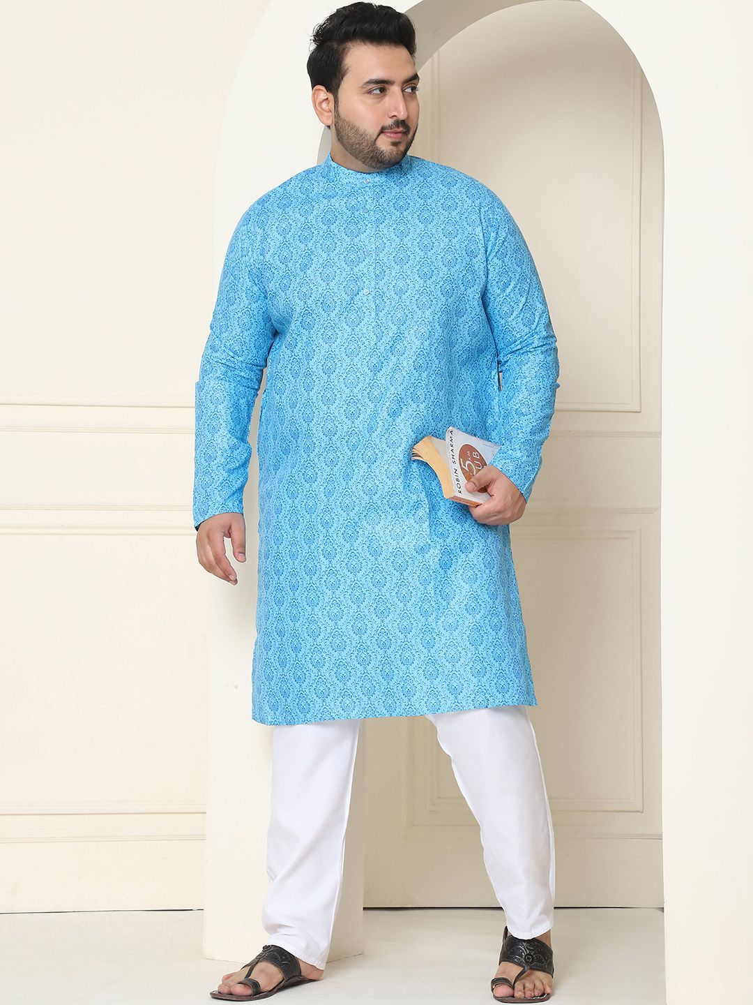 SOJANYA Plus Motif Etnik Printed Mandarin Collar Lengan Panjang Cotton Linen Kurta Lurus