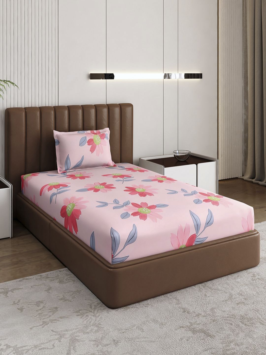 Monte Carlo Pixel Magenta & Gray Floral Dicetak 120 TC Single Bedsheet Set 1.52 m x 2.30 m