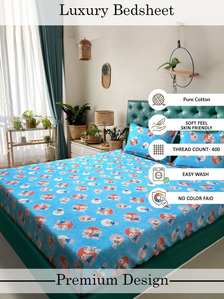 Myntra Elegant Homes Blue Cartoon Print Cotton 400TC King Double Bedsheet & 2 Pillow Cover