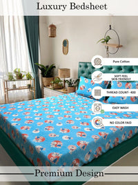 Myntra Elegant Homes Blue Cartoon Print Cotton 400TC King Double Bedsheet & 2 Pillow Cover