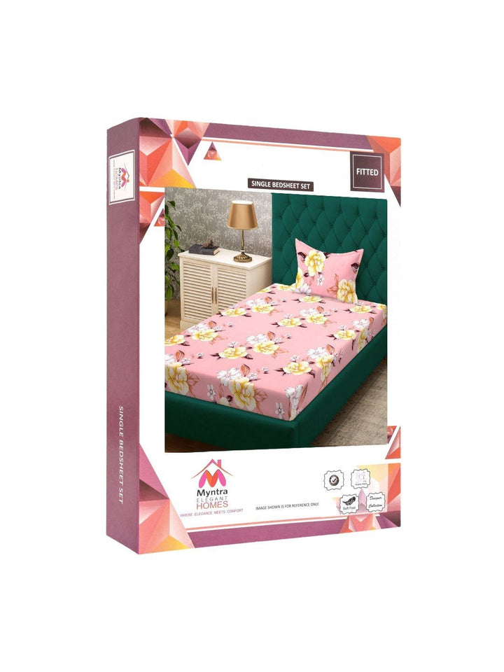 Myntra Elegant Homes Pink & Yellow Printed 300 TC Single Bedsheet Set 2.25 m x 1.50 m