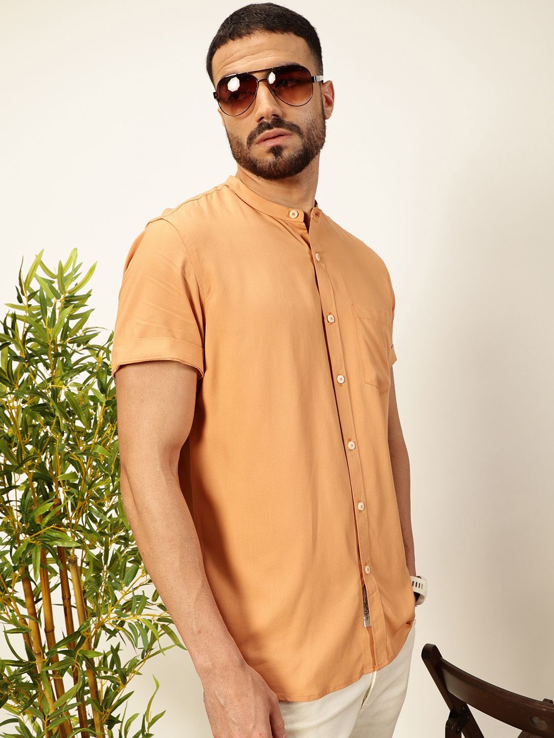 Thomas Scott Men Premium Solid Mandarin Collar Casual Shirt