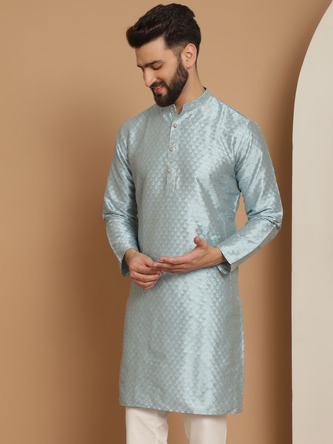 Anouk Men Blue Geometric Thread Work Kurta