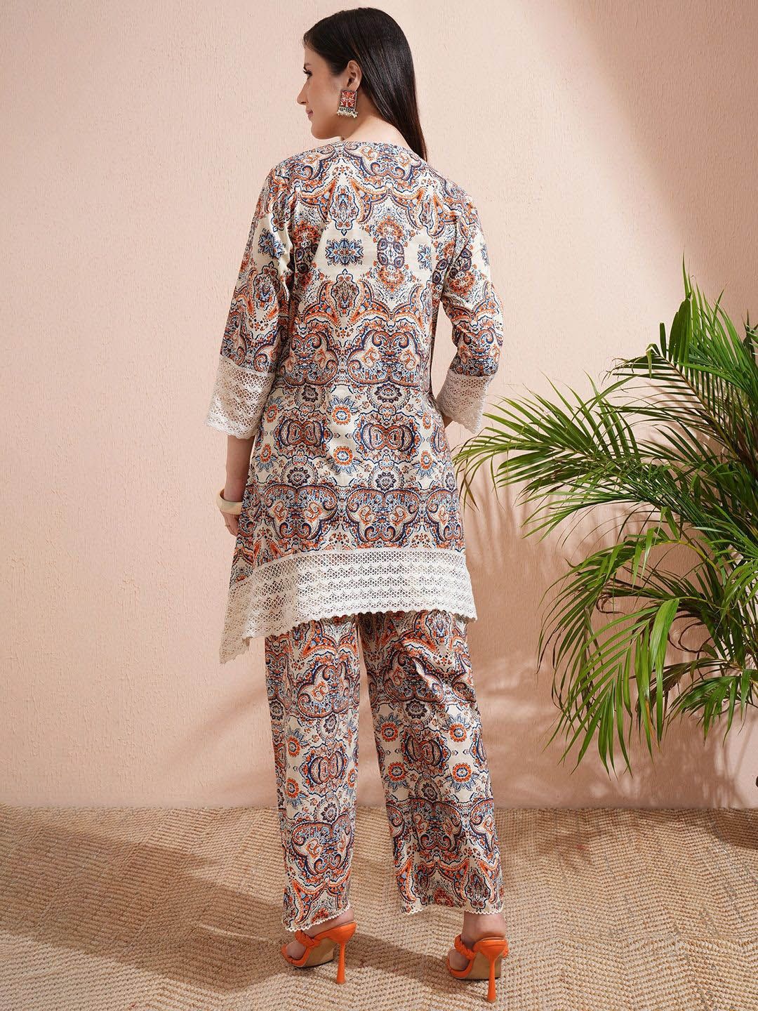 Vishudh Yellow Printed V-Neck Three-Quarter Sleeves Pure Cotton Top With Trouser
