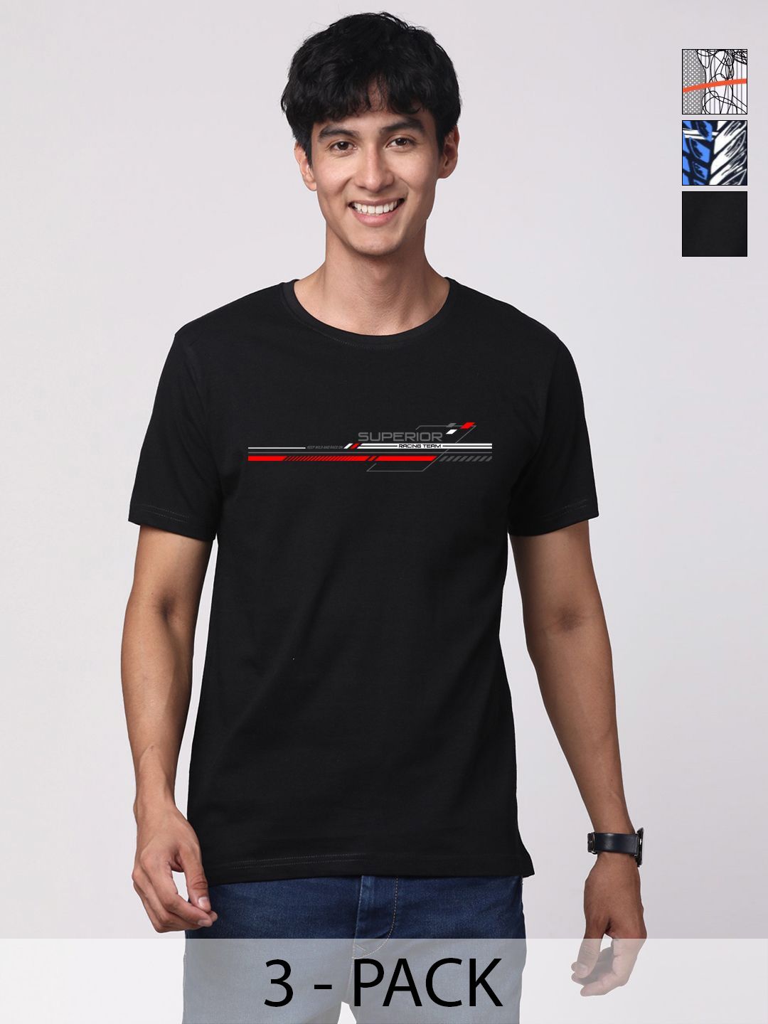 Pek ADRO Lelaki dengan 3 T-shirt Kapas Leher Bulat Bercetak Grafik